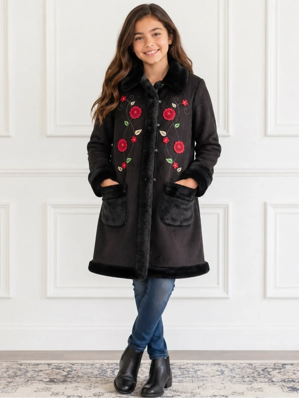 Children’s Place Girls Black Faux Fur Floral Embroidered Coat SZ 7/8